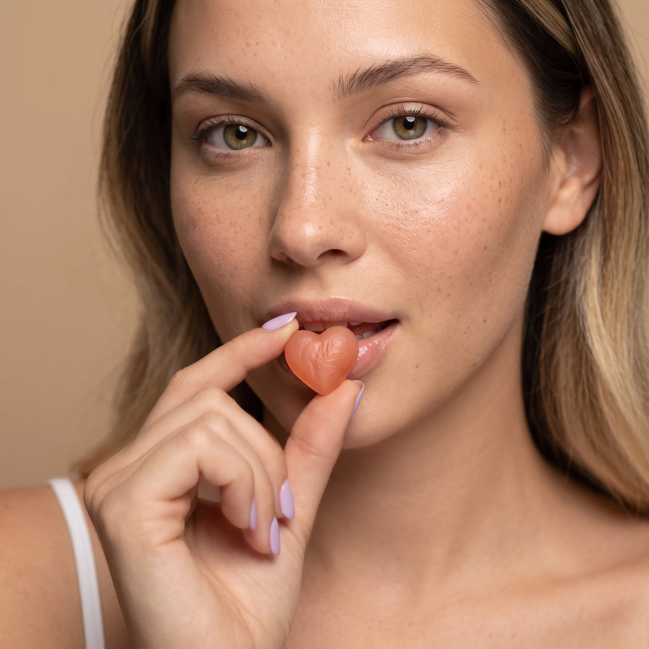 Woman biting a heart-shaped gummy